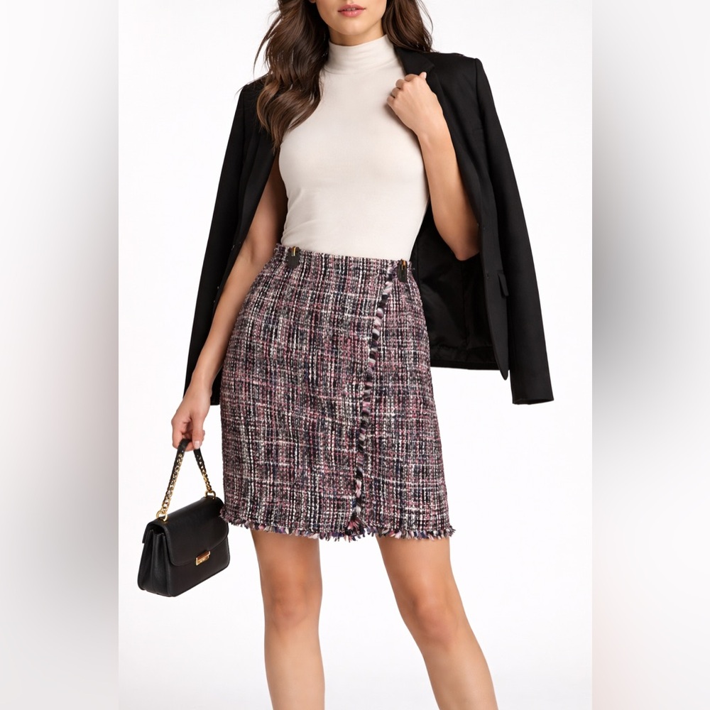 LOFT Pink Black Tweed Fringe Pencil Skirt Size 2 Classic Preppy Workwear